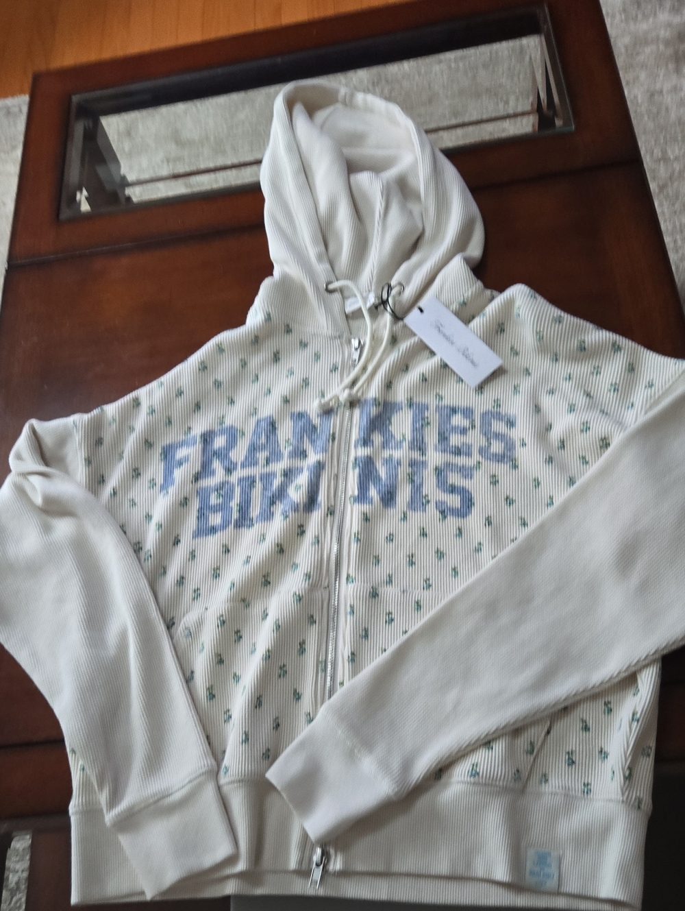 Frankie's Bikinis Thermal Cream Zip-Up Hoodie with Blue Logo. Small. New W/Tag!!